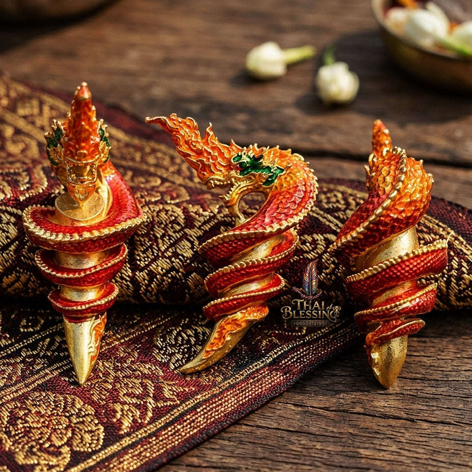 Authentic Thai Naga Sacred Talisman "Khiao Phaya Nak Naga Tusk - Udom Mongkhon Edition 2022" (Flame Red Enamel Deva Gold) by Phra Khru Wat Pa Luang, Wat Udom Maha Wan Thai Blessing Co By RURUECHA