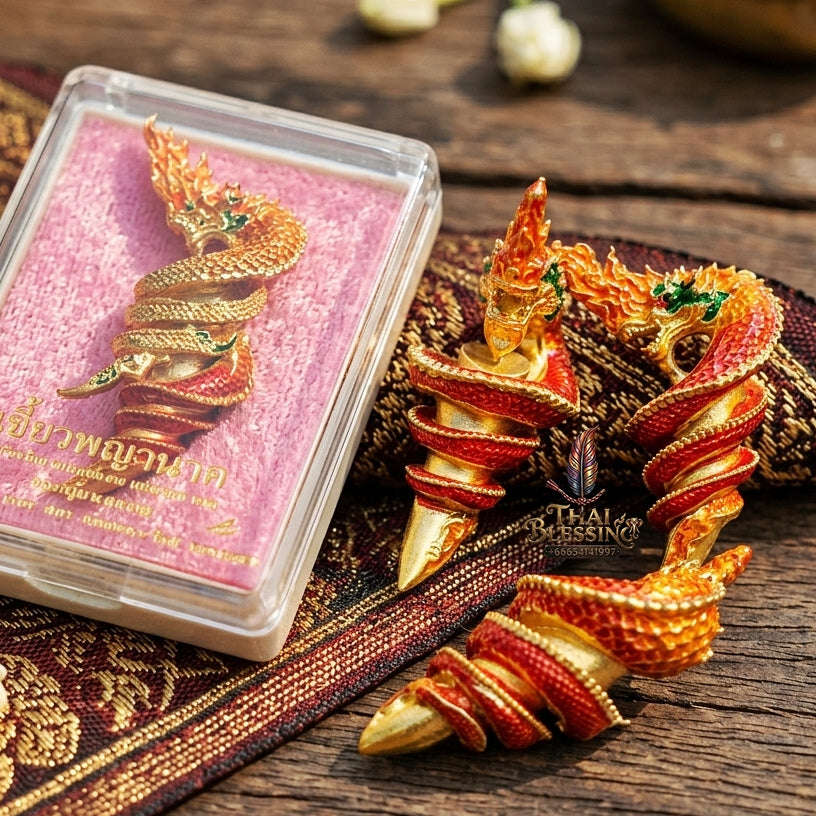 Authentic Thai Naga Sacred Talisman "Khiao Phaya Nak Naga Tusk - Udom Mongkhon Edition 2022" (Flame Red Enamel Deva Gold) by Phra Khru Wat Pa Luang, Wat Udom Maha Wan Thai Blessing Co By RURUECHA