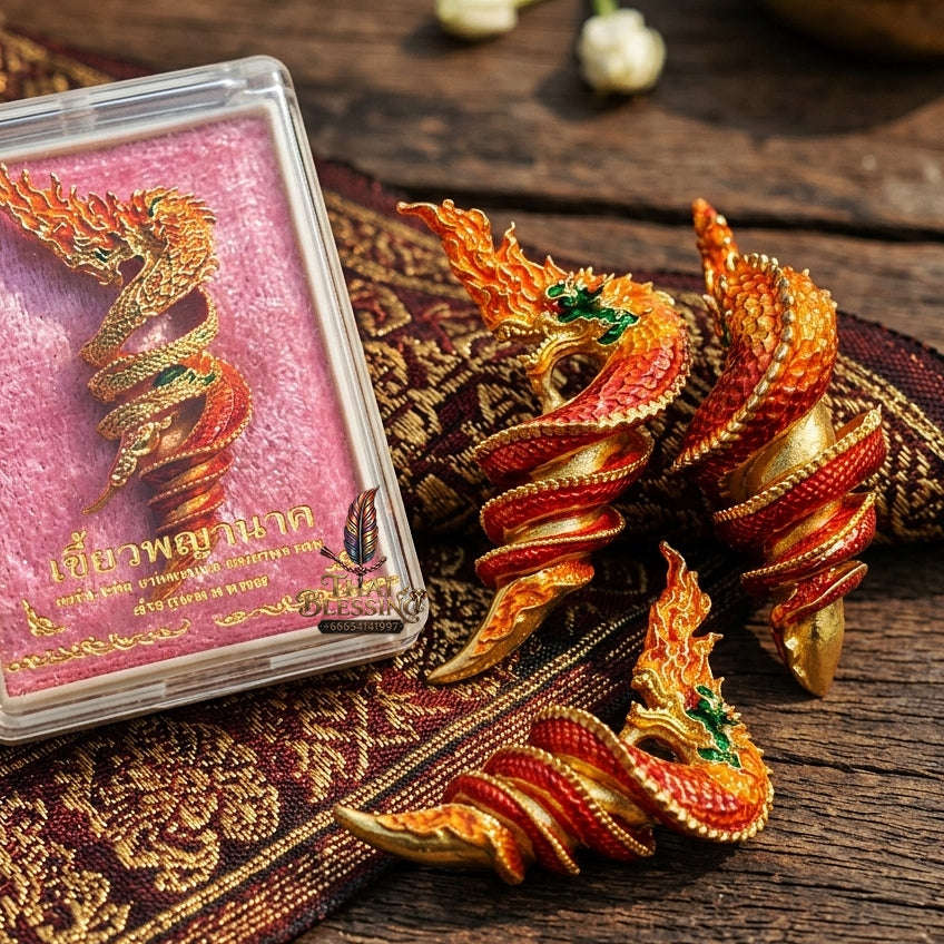 Authentic Thai Naga Sacred Talisman "Khiao Phaya Nak Naga Tusk - Udom Mongkhon Edition 2022" (Flame Red Enamel Deva Gold) by Phra Khru Wat Pa Luang, Wat Udom Maha Wan Thai Blessing Co By RURUECHA