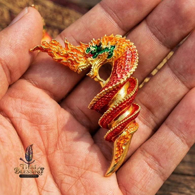 Authentic Thai Naga Sacred Talisman "Khiao Phaya Nak Naga Tusk - Udom Mongkhon Edition 2022" (Flame Red Enamel Deva Gold) by Phra Khru Wat Pa Luang, Wat Udom Maha Wan Thai Blessing Co By RURUECHA