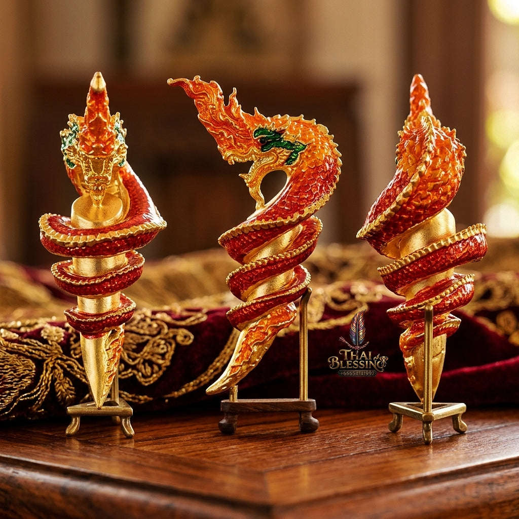 Authentic Thai Naga Sacred Talisman "Khiao Phaya Nak Naga Tusk - Udom Mongkhon Edition 2022" (Flame Red Enamel Deva Gold) by Phra Khru Wat Pa Luang, Wat Udom Maha Wan Thai Blessing Co By RURUECHA