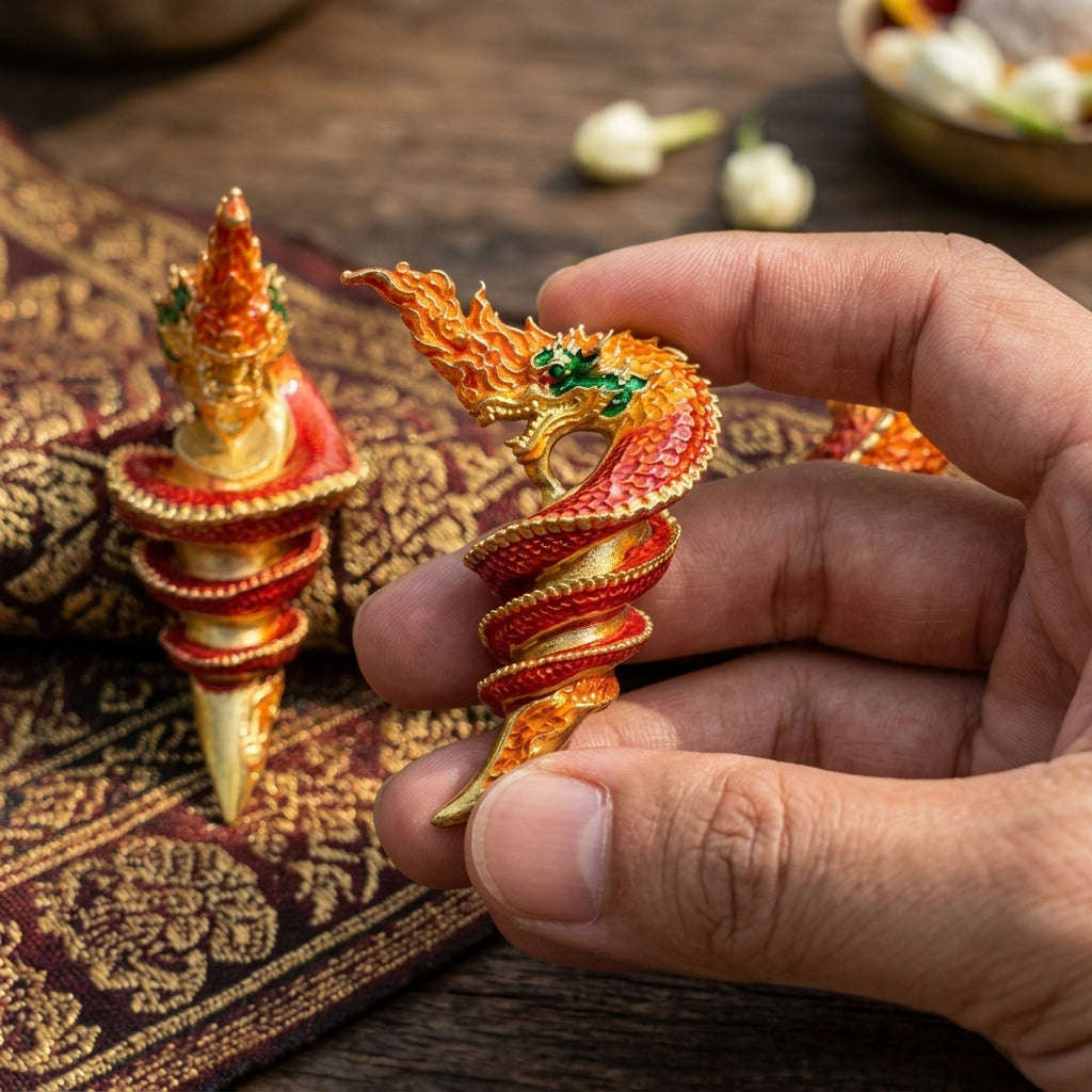Authentic Thai Naga Sacred Talisman "Khiao Phaya Nak Naga Tusk - Udom Mongkhon Edition 2022" (Flame Red Enamel Deva Gold) by Phra Khru Wat Pa Luang, Wat Udom Maha Wan Thai Blessing Co By RURUECHA