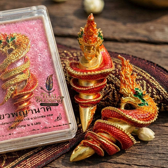 Authentic Thai Naga Sacred Talisman "Khiao Phaya Nak Naga Tusk - Udom Mongkhon Edition 2022" (Flame Red Enamel Deva Gold) by Phra Khru Wat Pa Luang, Wat Udom Maha Wan Thai Blessing Co By RURUECHA