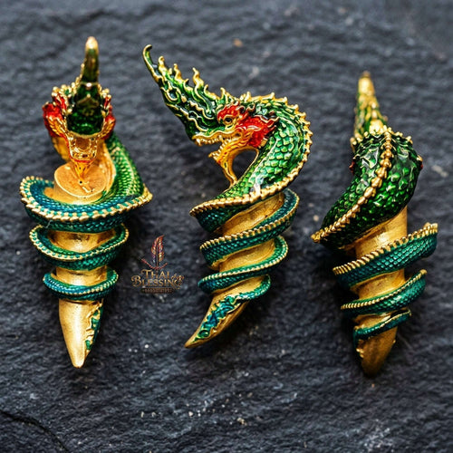Authentic Thai Naga Sacred Talisman "Khiao Phaya Nak Naga Tusk - Udom Mongkhon Edition 2022" (Green Enamel Deva Gold) by Phra Khru Wat Pa Luang, Wat Udom Maha Wan Thai Blessing Co By RURUECHA