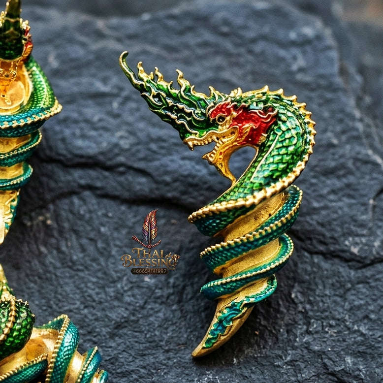 Authentic Thai Naga Sacred Talisman "Khiao Phaya Nak Naga Tusk - Udom Mongkhon Edition 2022" (Green Enamel Deva Gold) by Phra Khru Wat Pa Luang, Wat Udom Maha Wan