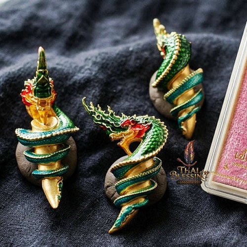Authentic Thai Naga Sacred Talisman "Khiao Phaya Nak Naga Tusk - Udom Mongkhon Edition 2022" (Green Enamel Deva Gold) by Phra Khru Wat Pa Luang, Wat Udom Maha Wan Thai Blessing Co By RURUECHA