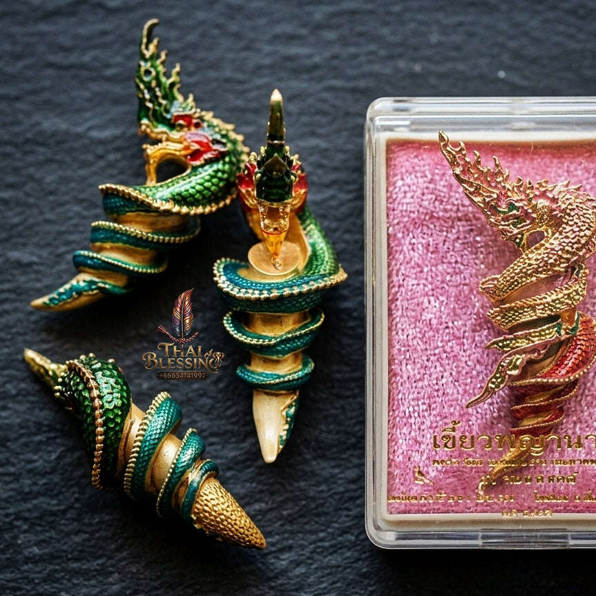 Authentic Thai Naga Sacred Talisman "Khiao Phaya Nak Naga Tusk - Udom Mongkhon Edition 2022" (Green Enamel Deva Gold) by Phra Khru Wat Pa Luang, Wat Udom Maha Wan