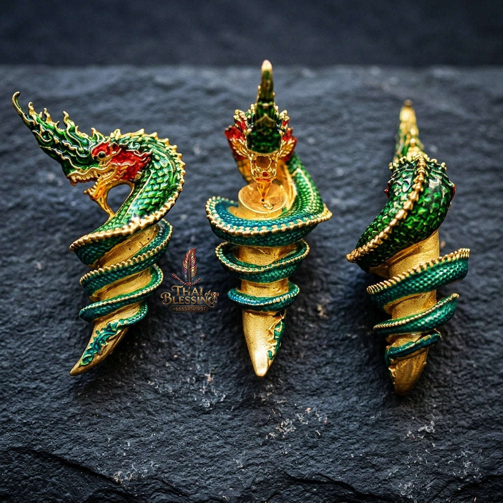 Authentic Thai Naga Sacred Talisman "Khiao Phaya Nak Naga Tusk - Udom Mongkhon Edition 2022" (Green Enamel Deva Gold) by Phra Khru Wat Pa Luang, Wat Udom Maha Wan