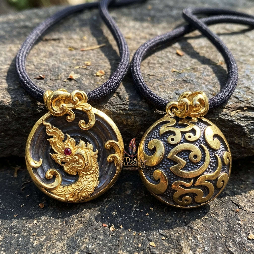 Authentic Thai Naga Treasure Amulet "Khum Sap Nakha Mongkhon Gold-Plated Samrit Bronze Medallion with Red Gemstone & Sacred Yantra" Consecrated at Wat Thai B.E. 2564 (2021) Thai Blessing Co By RURUECHA