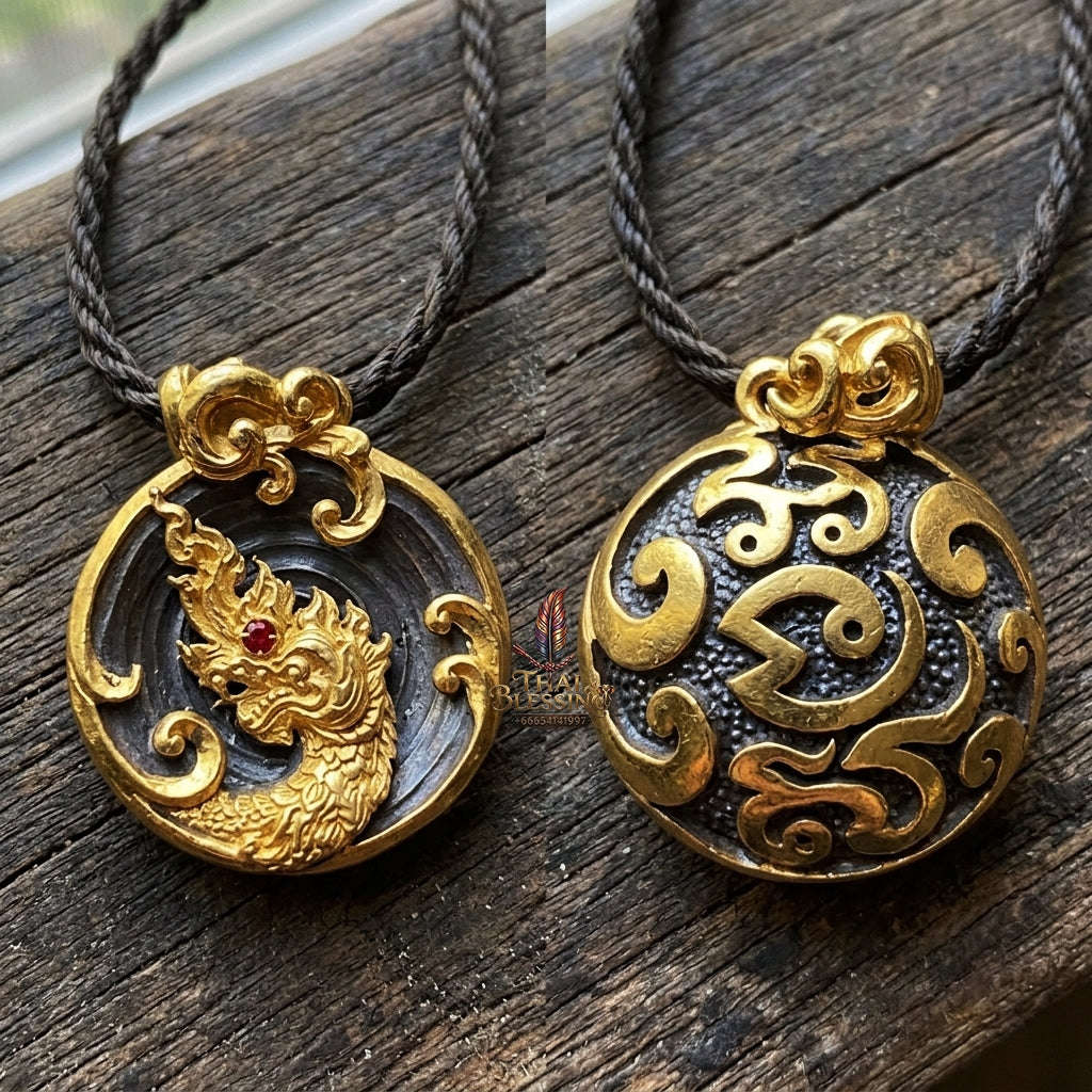 Authentic Thai Naga Treasure Amulet "Khum Sap Nakha Mongkhon Gold-Plated Samrit Bronze Medallion with Red Gemstone & Sacred Yantra" Consecrated at Wat Thai B.E. 2564 (2021) Thai Blessing Co By RURUECHA