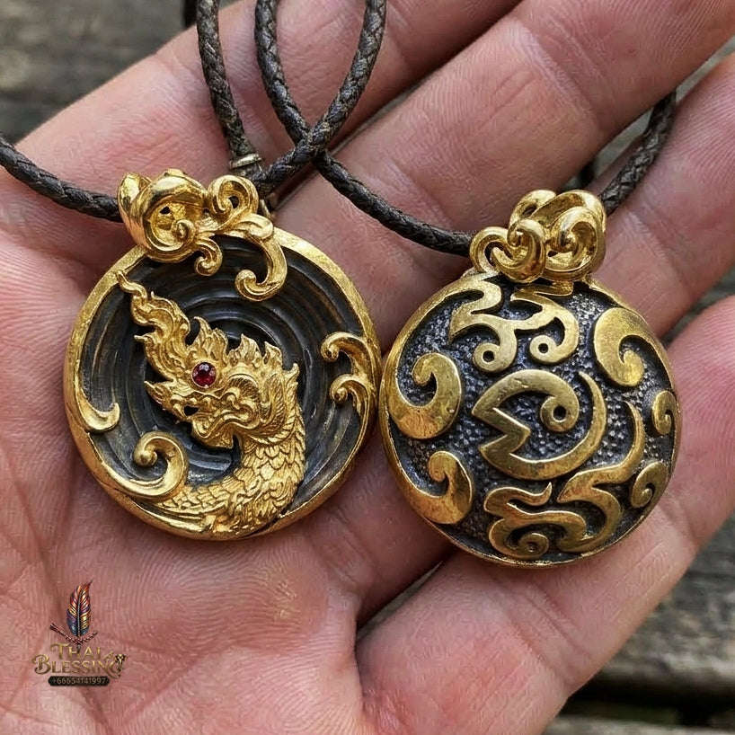 Authentic Thai Naga Treasure Amulet "Khum Sap Nakha Mongkhon Gold-Plated Samrit Bronze Medallion with Red Gemstone & Sacred Yantra" Consecrated at Wat Thai B.E. 2564 (2021) Thai Blessing Co By RURUECHA