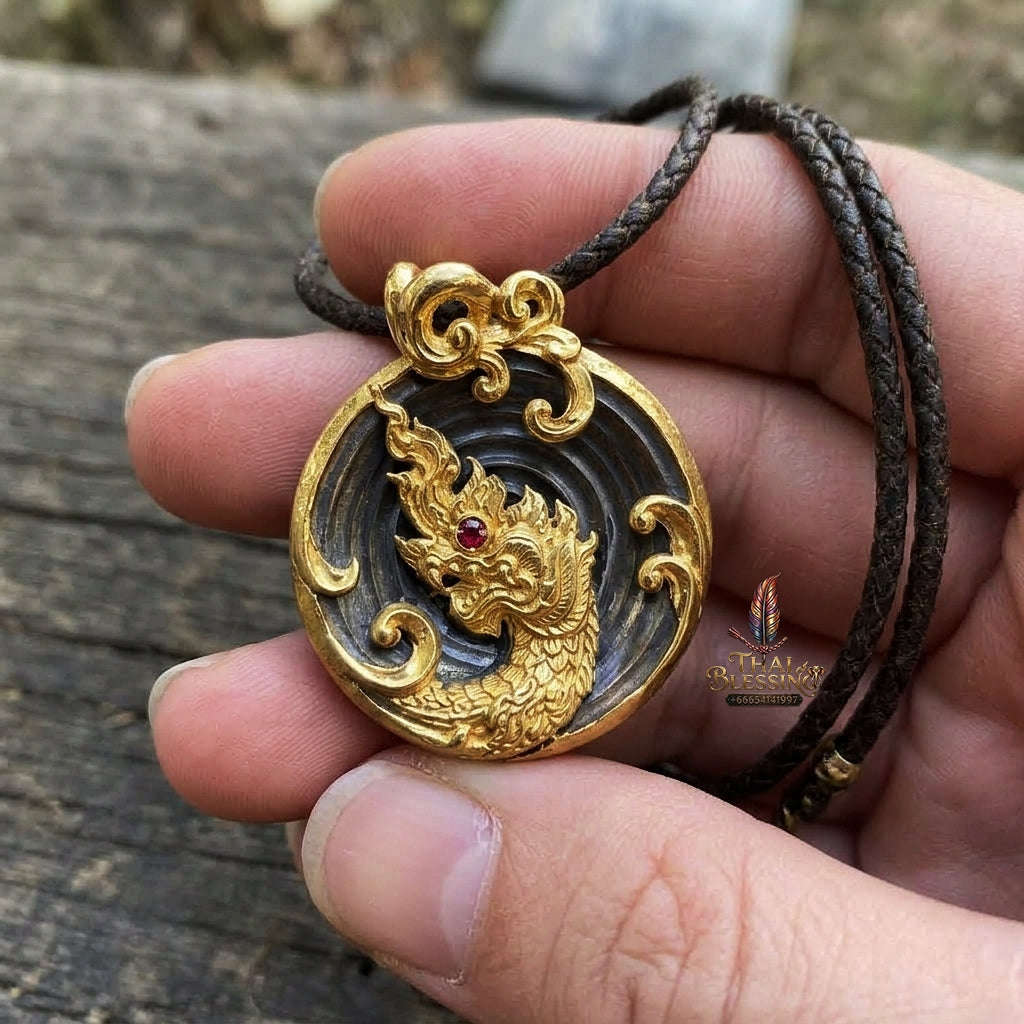 Authentic Thai Naga Treasure Amulet "Khum Sap Nakha Mongkhon Gold-Plated Samrit Bronze Medallion with Red Gemstone & Sacred Yantra" Consecrated at Wat Thai B.E. 2564 (2021) Thai Blessing Co By RURUECHA