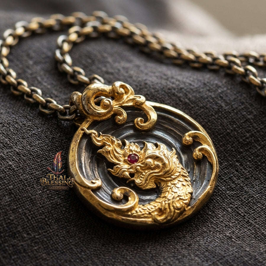 Authentic Thai Naga Treasure Amulet "Khum Sap Nakha Mongkhon Gold-Plated Samrit Bronze Medallion with Red Gemstone & Sacred Yantra" Consecrated at Wat Thai B.E. 2564 (2021) Thai Blessing Co By RURUECHA