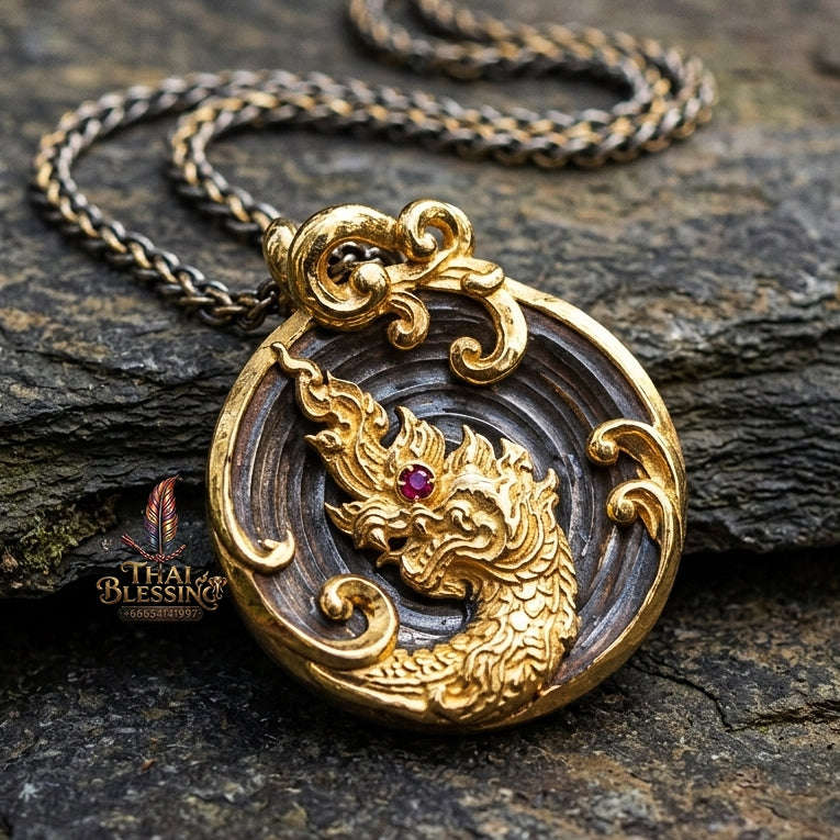 Authentic Thai Naga Treasure Amulet "Khum Sap Nakha Mongkhon Gold-Plated Samrit Bronze Medallion with Red Gemstone & Sacred Yantra" Consecrated at Wat Thai B.E. 2564 (2021) Thai Blessing Co By RURUECHA