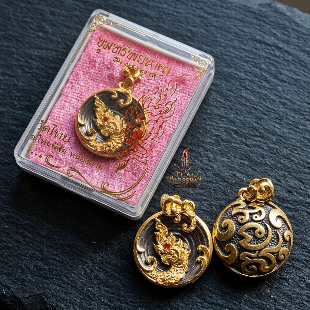 Authentic Thai Naga Treasure Amulet "Khum Sap Nakha Mongkhon Gold-Plated Samrit Bronze Medallion with Red Gemstone & Sacred Yantra" Consecrated at Wat Thai B.E. 2564 (2021) Thai Blessing Co By RURUECHA