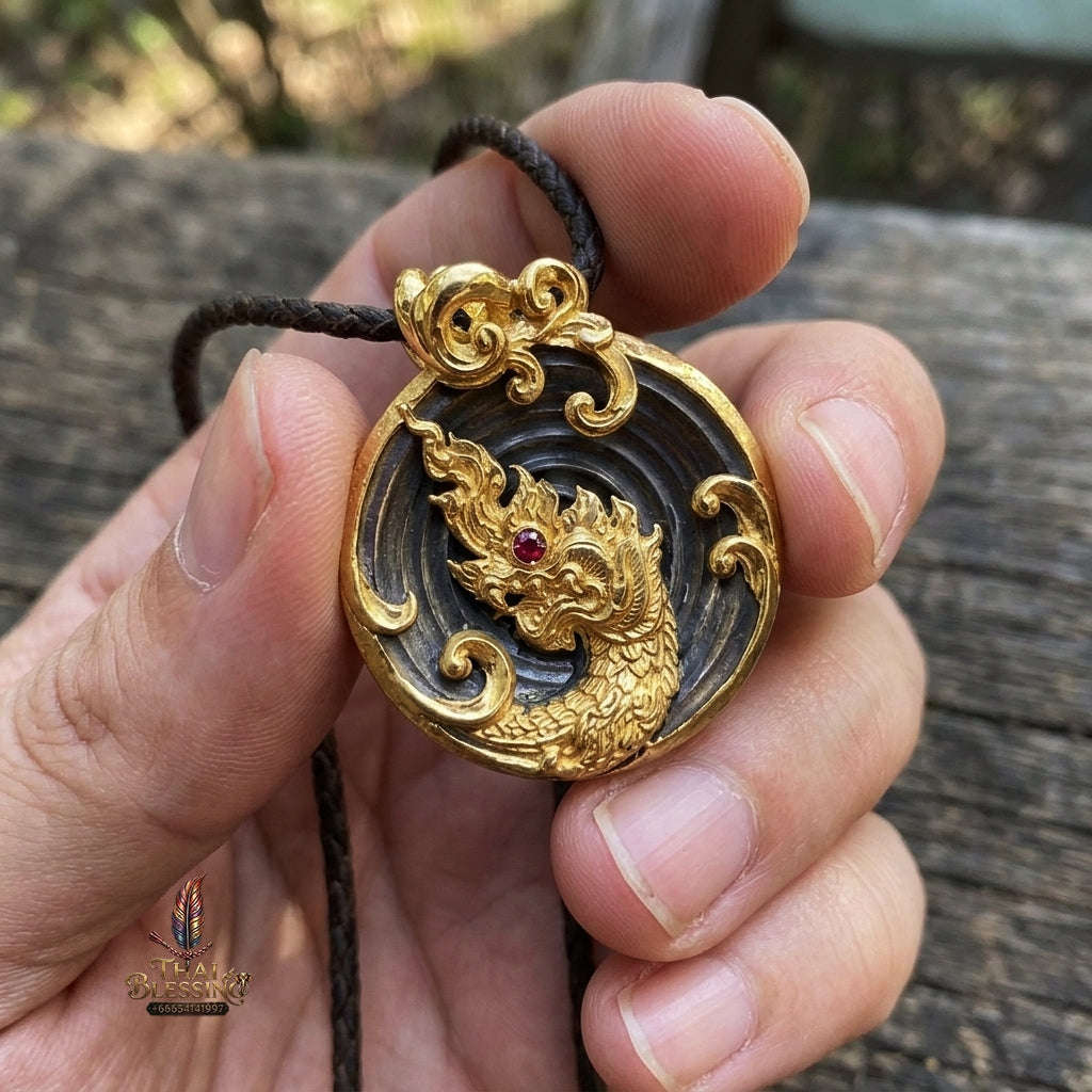Authentic Thai Naga Treasure Amulet "Khum Sap Nakha Mongkhon Gold-Plated Samrit Bronze Medallion with Red Gemstone & Sacred Yantra" Consecrated at Wat Thai B.E. 2564 (2021) Thai Blessing Co By RURUECHA