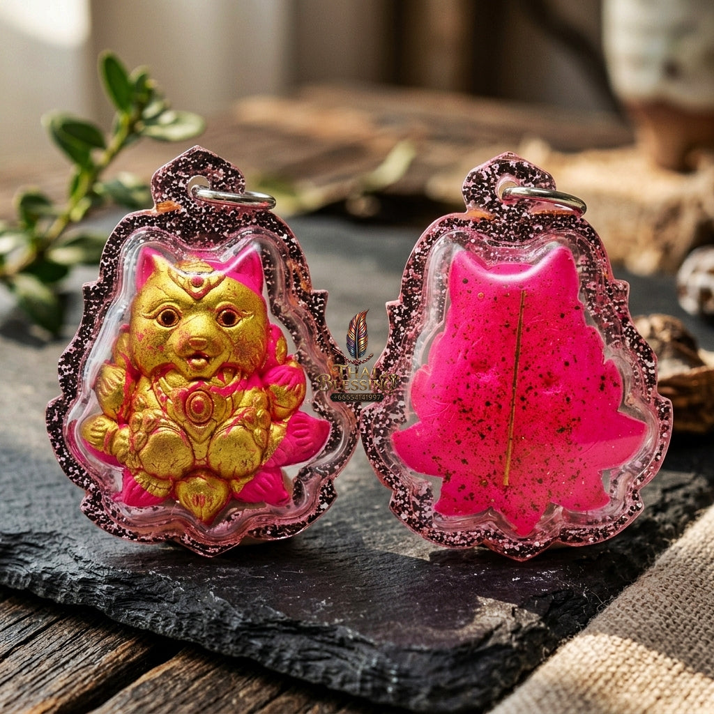 Authentic Thai Sacred Nangphaya Chingchok Kao Hang Nine-Tailed Fox Amulet - Pink Holy Powder Gold-Painted Edition (Thep Setthi Model) for Extreme Love Saneh, Wealth Attraction & Business Success