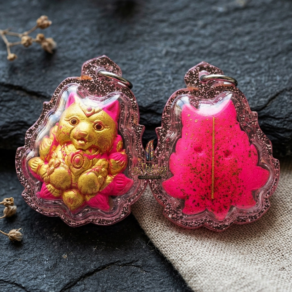 Authentic Thai Sacred Nangphaya Chingchok Kao Hang Nine-Tailed Fox Amulet - Pink Holy Powder Gold-Painted Edition (Thep Setthi Model) for Extreme Love Saneh, Wealth Attraction & Business Success