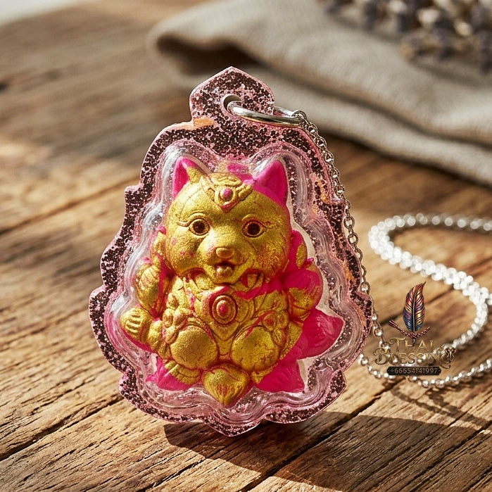 Authentic Thai Sacred Nangphaya Chingchok Kao Hang Nine-Tailed Fox Amulet - Pink Holy Powder Gold-Painted Edition (Thep Setthi Model) for Extreme Love Saneh, Wealth Attraction & Business Success