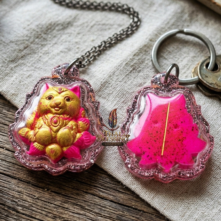Authentic Thai Sacred Nangphaya Chingchok Kao Hang Nine-Tailed Fox Amulet - Pink Holy Powder Gold-Painted Edition (Thep Setthi Model) for Extreme Love Saneh, Wealth Attraction & Business Success