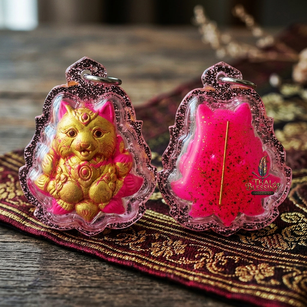 Authentic Thai Sacred Nangphaya Chingchok Kao Hang Nine-Tailed Fox Amulet - Pink Holy Powder Gold-Painted Edition (Thep Setthi Model) for Extreme Love Saneh, Wealth Attraction & Business Success