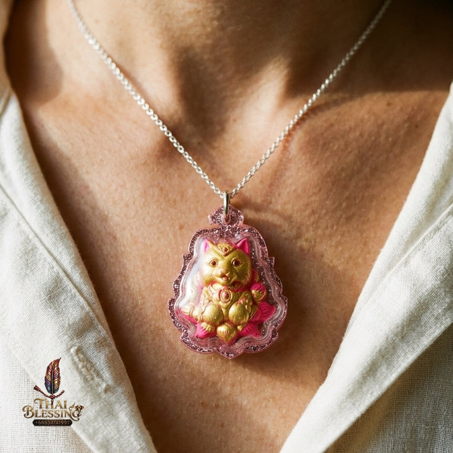 Authentic Thai Sacred Nangphaya Chingchok Kao Hang Nine-Tailed Fox Amulet - Pink Holy Powder Gold-Painted Edition (Thep Setthi Model) for Extreme Love Saneh, Wealth Attraction & Business Success