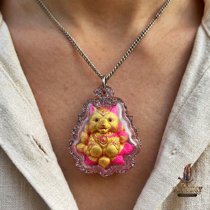 Authentic Thai Sacred Nangphaya Chingchok Kao Hang Nine-Tailed Fox Amulet - Pink Holy Powder Gold-Painted Edition (Thep Setthi Model) for Extreme Love Saneh, Wealth Attraction & Business Success