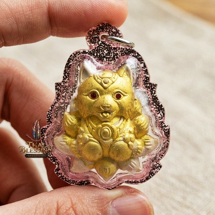Authentic Thai Sacred Nangphaya Chingchok Kao Hang Nine-Tailed Fox Amulet - White Holy Powder Gold-Painted Edition (Thep Setthi Model) for Extreme Love Saneh, Wealth Attraction & Business Success