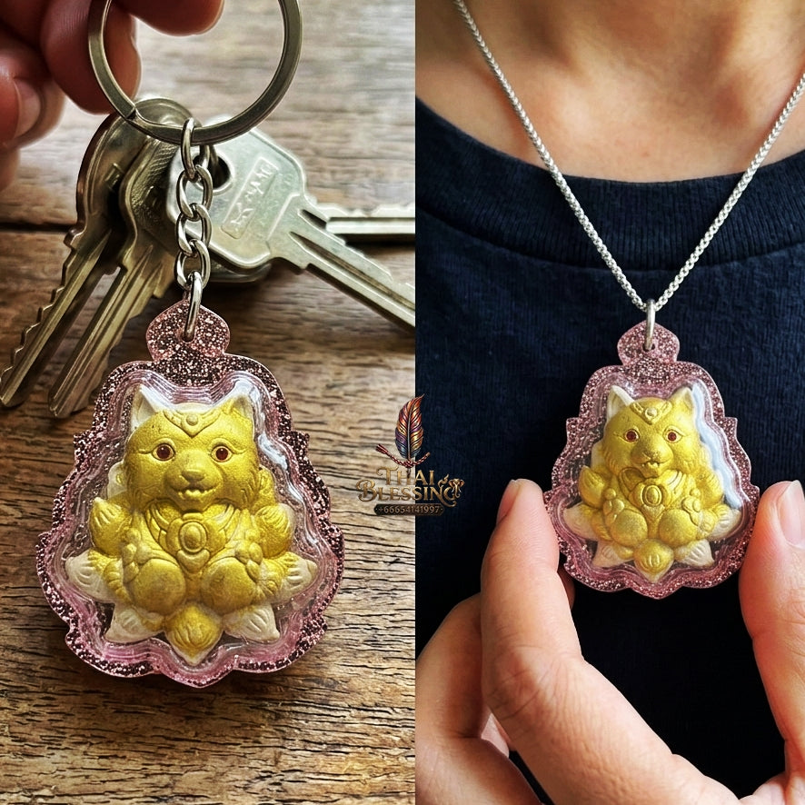 Authentic Thai Sacred Nangphaya Chingchok Kao Hang Nine-Tailed Fox Amulet - White Holy Powder Gold-Painted Edition (Thep Setthi Model) for Extreme Love Saneh, Wealth Attraction & Business Success