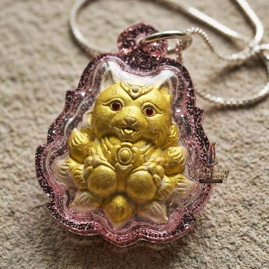 Authentic Thai Sacred Nangphaya Chingchok Kao Hang Nine-Tailed Fox Amulet - White Holy Powder Gold-Painted Edition (Thep Setthi Model) for Extreme Love Saneh, Wealth Attraction & Business Success