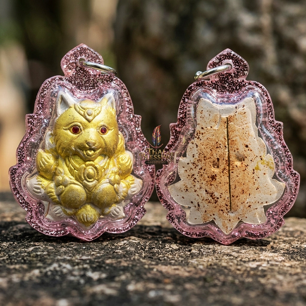 Authentic Thai Sacred Nangphaya Chingchok Kao Hang Nine-Tailed Fox Amulet - White Holy Powder Gold-Painted Edition (Thep Setthi Model) for Extreme Love Saneh, Wealth Attraction & Business Success