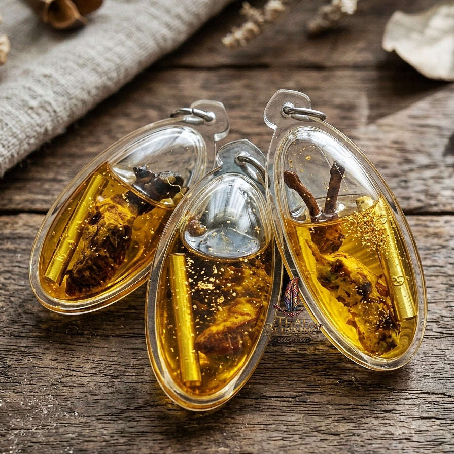 Authentic Thai Natural Charm Amulet "Thep Re Rai BE 2565" - Natural Magic Cicada Herb in Gold Leaf Metta Oil with Wealth Takrut Thai Blessing Co By RURUECHA