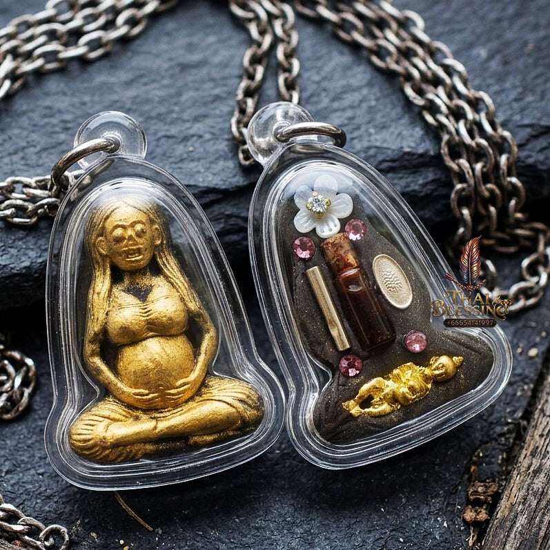 Authentic Thai Necromantic Amulet "Mae Thong Prakai Phrai Hong Taek Maha Heng BE 2569" - Pregnant Phrai Spirit & Occult Oil Bottle with Kumarn Tong & Takrut Thai Blessing Co By RURUECHA