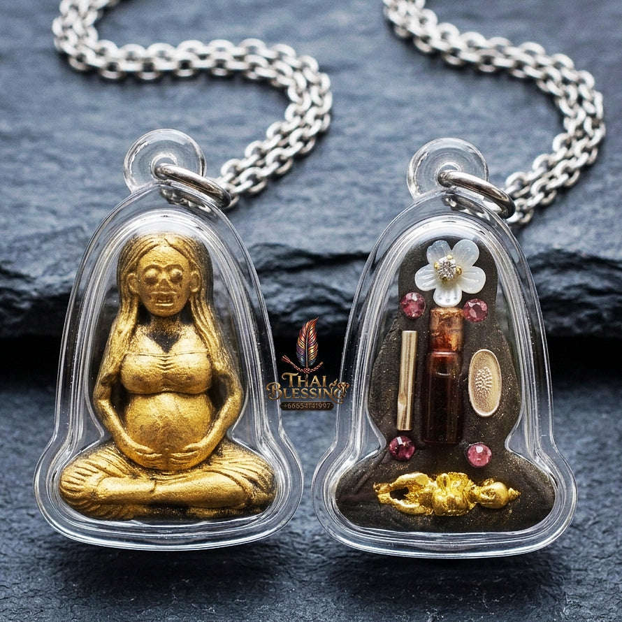 Authentic Thai Necromantic Amulet "Mae Thong Prakai Phrai Hong Taek Maha Heng BE 2569" - Pregnant Phrai Spirit & Occult Oil Bottle with Kumarn Tong & Takrut Thai Blessing Co By RURUECHA