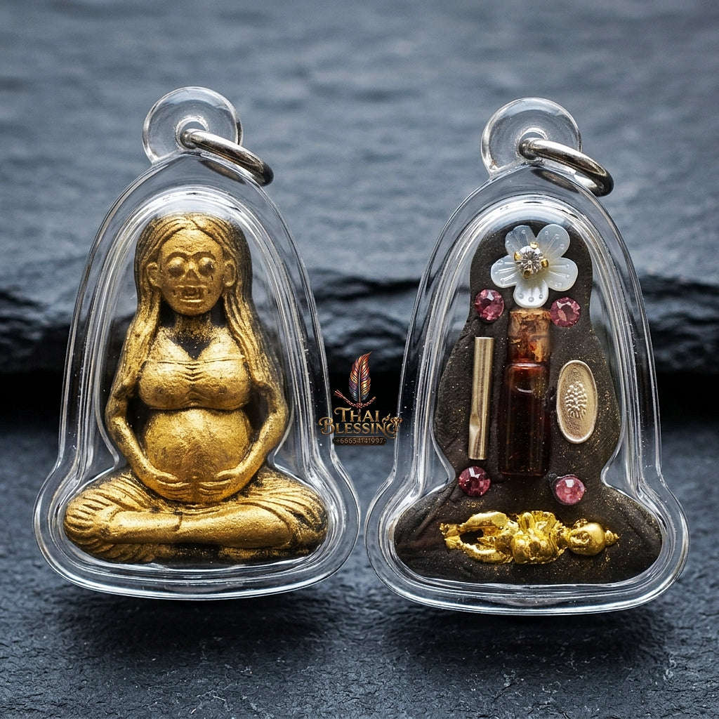 Authentic Thai Necromantic Amulet "Mae Thong Prakai Phrai Hong Taek Maha Heng BE 2569" - Pregnant Phrai Spirit & Occult Oil Bottle with Kumarn Tong & Takrut Thai Blessing Co By RURUECHA