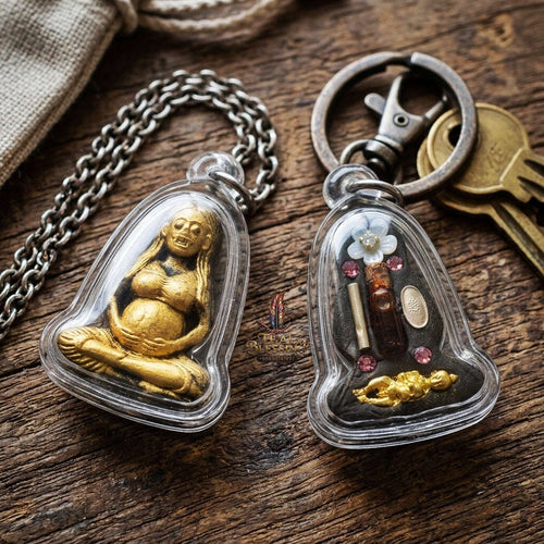 Authentic Thai Necromantic Amulet "Mae Thong Prakai Phrai Hong Taek Maha Heng BE 2569" - Pregnant Phrai Spirit & Occult Oil Bottle with Kumarn Tong & Takrut Thai Blessing Co By RURUECHA