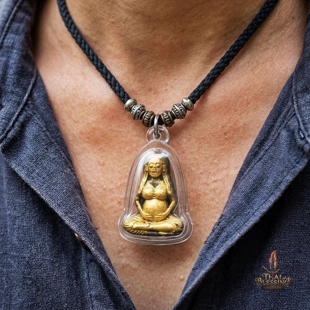 Authentic Thai Necromantic Amulet "Mae Thong Prakai Phrai Hong Taek Maha Heng BE 2569" - Pregnant Phrai Spirit & Occult Oil Bottle with Kumarn Tong & Takrut Thai Blessing Co By RURUECHA