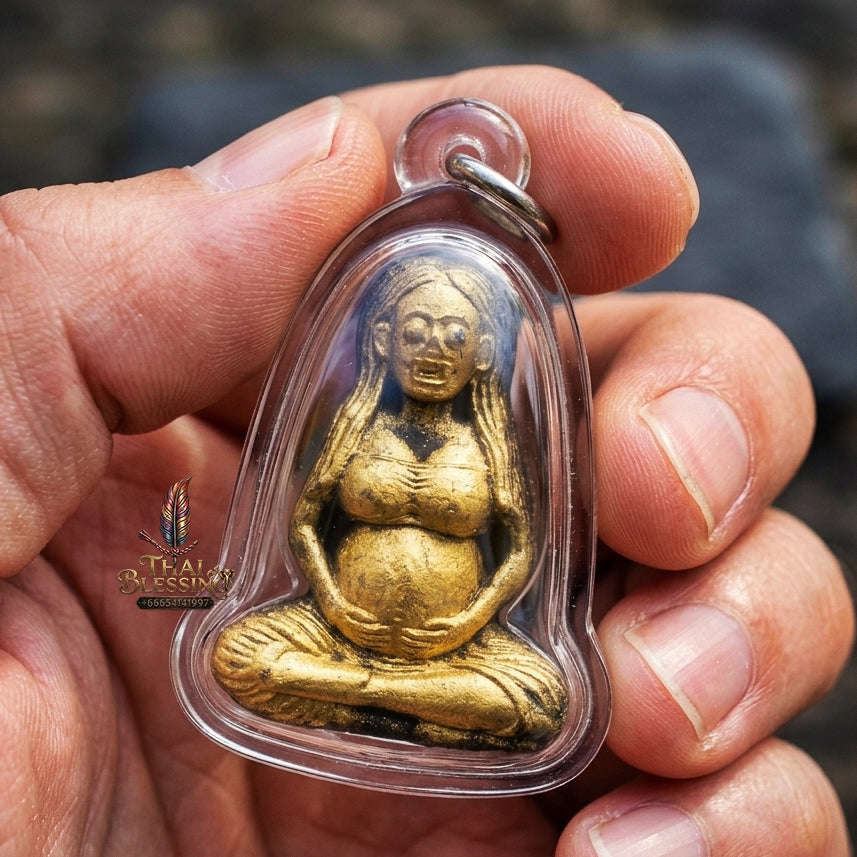 Authentic Thai Necromantic Amulet "Mae Thong Prakai Phrai Hong Taek Maha Heng BE 2569" - Pregnant Phrai Spirit & Occult Oil Bottle with Kumarn Tong & Takrut Thai Blessing Co By RURUECHA