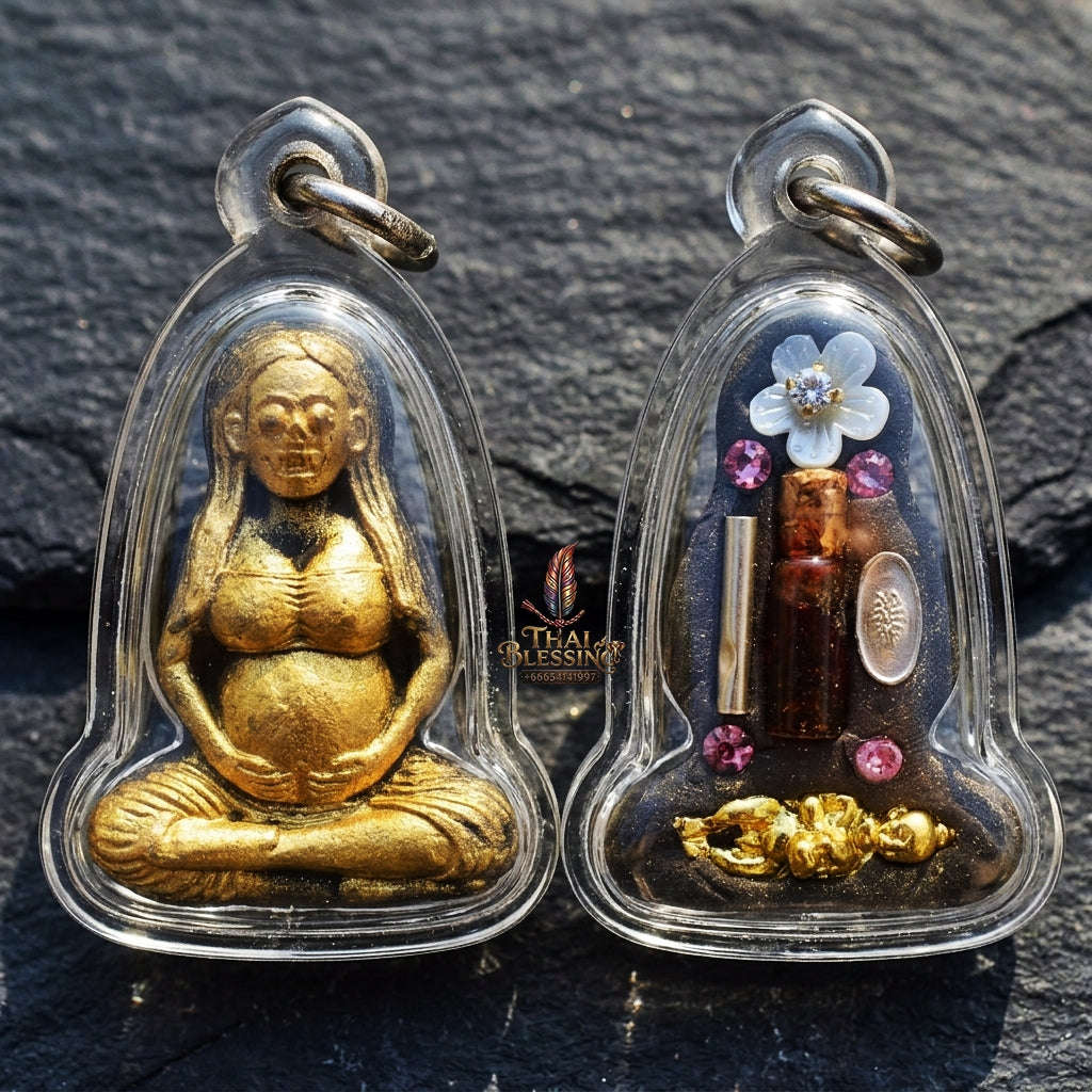 Authentic Thai Necromantic Amulet "Mae Thong Prakai Phrai Hong Taek Maha Heng BE 2569" - Pregnant Phrai Spirit & Occult Oil Bottle with Kumarn Tong & Takrut Thai Blessing Co By RURUECHA