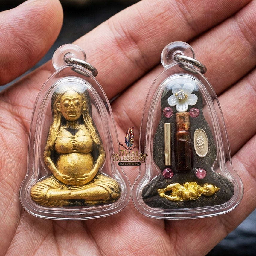 Authentic Thai Necromantic Amulet "Mae Thong Prakai Phrai Hong Taek Maha Heng BE 2569" - Pregnant Phrai Spirit & Occult Oil Bottle with Kumarn Tong & Takrut Thai Blessing Co By RURUECHA