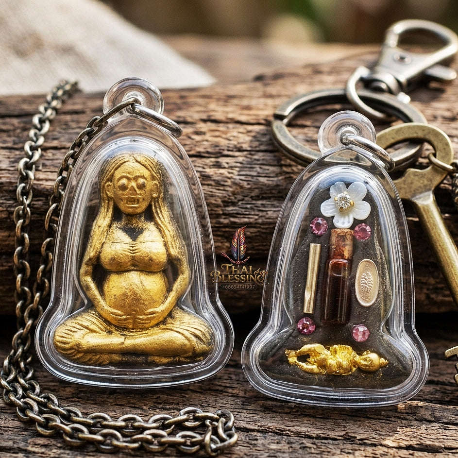 Authentic Thai Necromantic Amulet "Mae Thong Prakai Phrai Hong Taek Maha Heng BE 2569" - Pregnant Phrai Spirit & Occult Oil Bottle with Kumarn Tong & Takrut Thai Blessing Co By RURUECHA