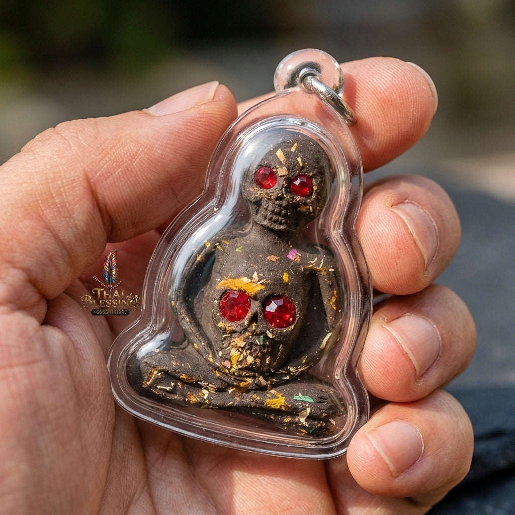 Authentic Thai Necromantic Amulet "Pho Phrai Duang Di 1000 Phuut Powder BE 2569" - Ghost Ash & Spirit Oil Bottle with Dual Ngang & Takrut Thai Blessing Co By RURUECHA