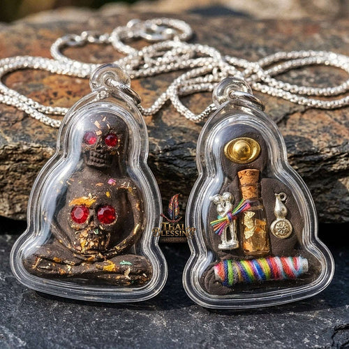 Authentic Thai Necromantic Amulet "Pho Phrai Duang Di 1000 Phuut Powder BE 2569" - Ghost Ash & Spirit Oil Bottle with Dual Ngang & Takrut Thai Blessing Co By RURUECHA