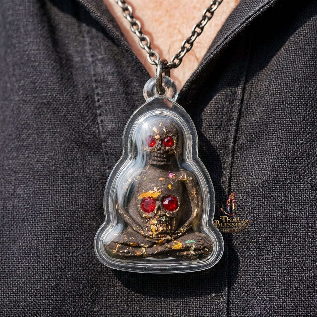 Authentic Thai Necromantic Amulet "Pho Phrai Duang Di 1000 Phuut Powder BE 2569" - Ghost Ash & Spirit Oil Bottle with Dual Ngang & Takrut Thai Blessing Co By RURUECHA
