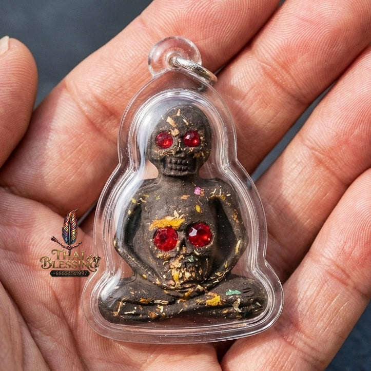 Authentic Thai Necromantic Amulet "Pho Phrai Duang Di 1000 Phuut Powder BE 2569" - Ghost Ash & Spirit Oil Bottle with Dual Ngang & Takrut Thai Blessing Co By RURUECHA