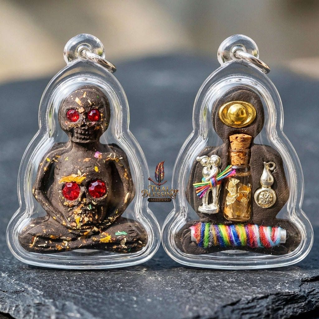 Authentic Thai Necromantic Amulet "Pho Phrai Duang Di 1000 Phuut Powder BE 2569" - Ghost Ash & Spirit Oil Bottle with Dual Ngang & Takrut Thai Blessing Co By RURUECHA