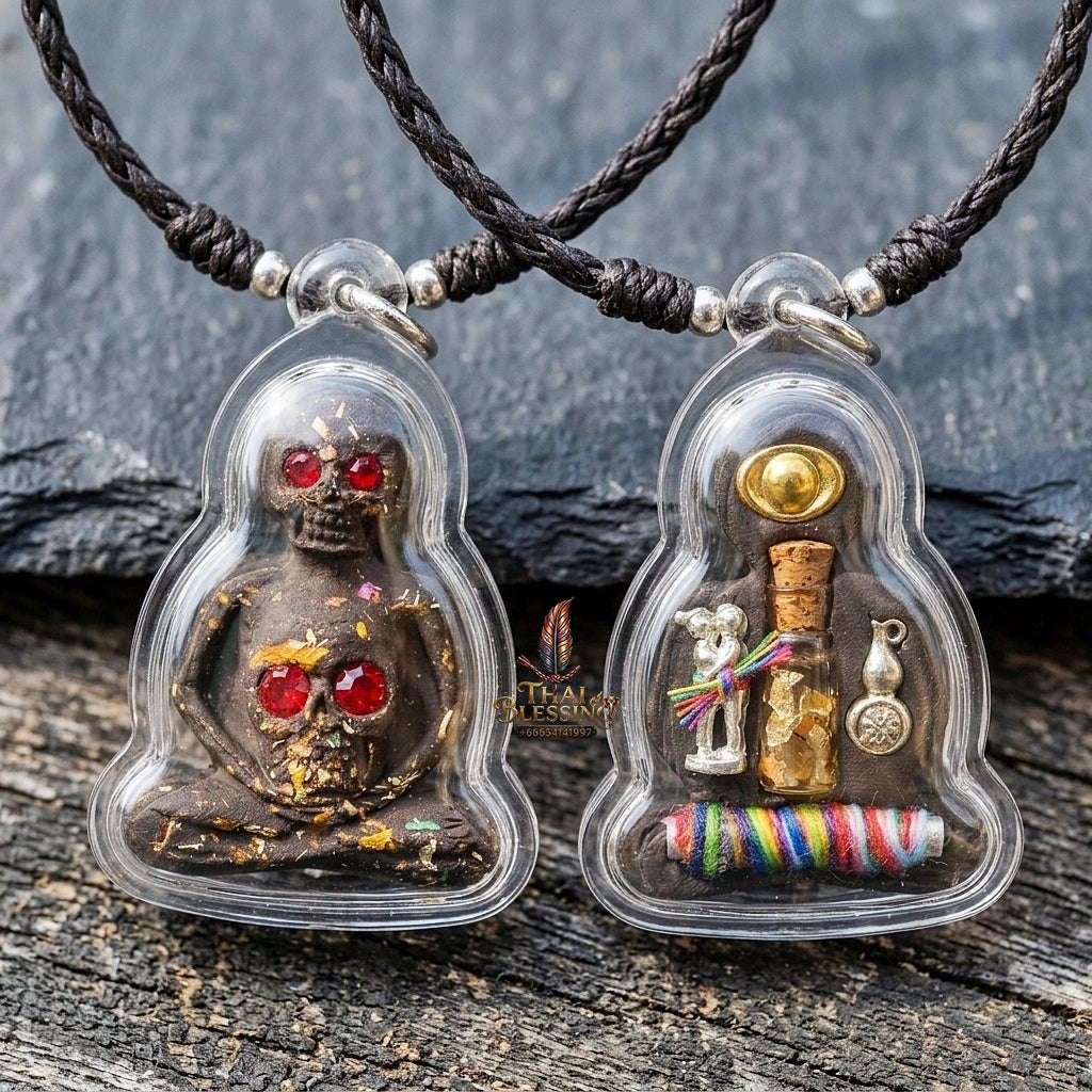 Authentic Thai Necromantic Amulet "Pho Phrai Duang Di 1000 Phuut Powder BE 2569" - Ghost Ash & Spirit Oil Bottle with Dual Ngang & Takrut Thai Blessing Co By RURUECHA
