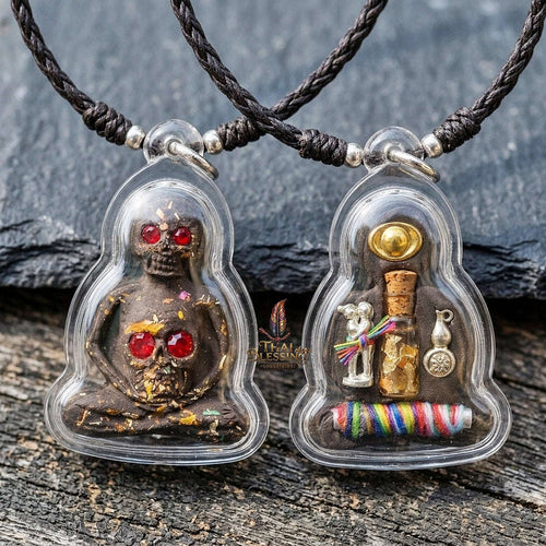Authentic Thai Necromantic Amulet "Pho Phrai Duang Di 1000 Phuut Powder BE 2569" - Ghost Ash & Spirit Oil Bottle with Dual Ngang & Takrut Thai Blessing Co By RURUECHA
