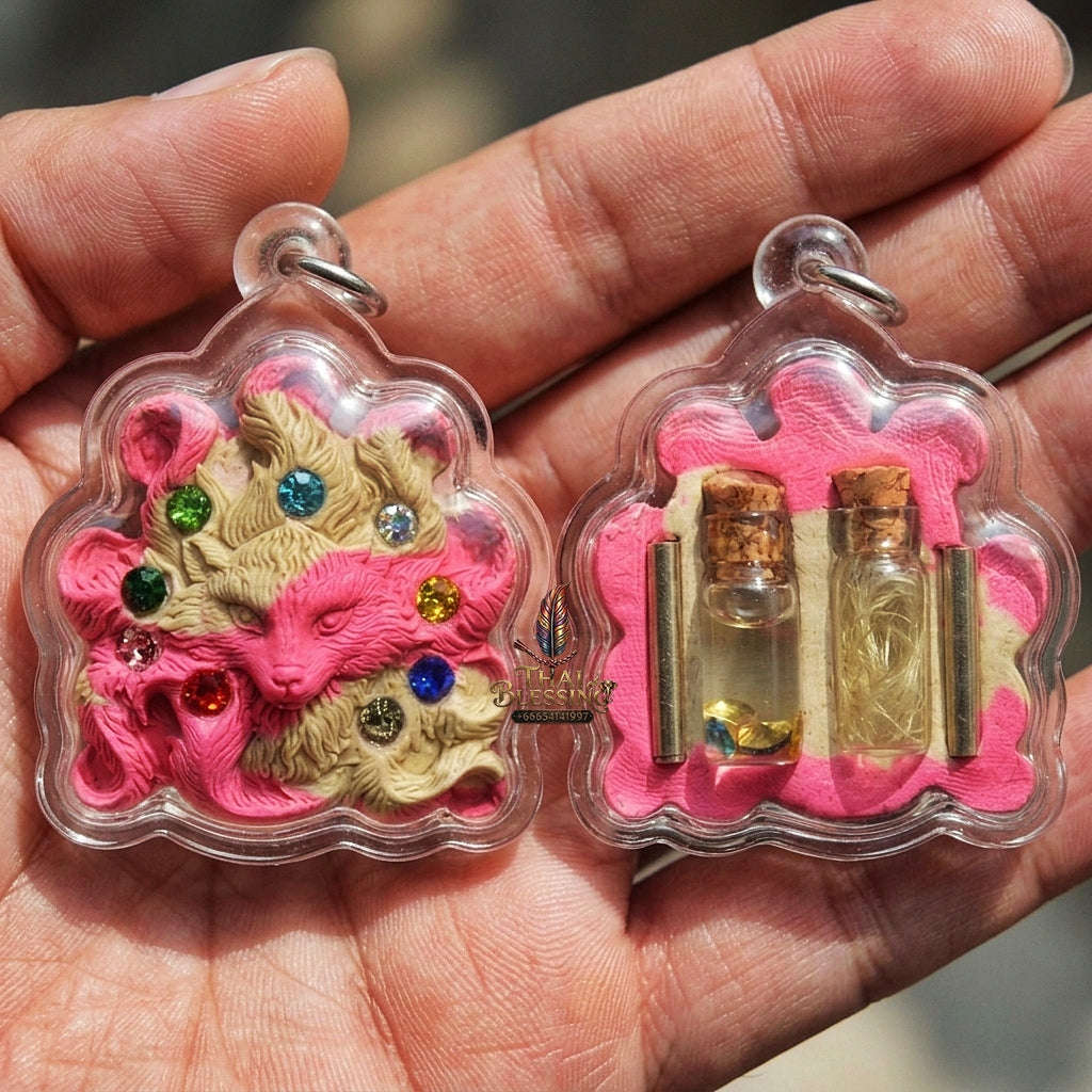 Authentic Thai Nine-Tail Fox Amulet "Nang Phaya Jing Chok 9 Hang BE 2568" - Charm Powder Pendant with Sacred Oil Bottles & Dual Takrut Thai Blessing Co By RURUECHA