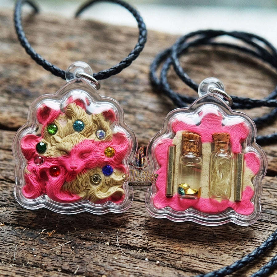 Authentic Thai Nine-Tail Fox Amulet "Nang Phaya Jing Chok 9 Hang BE 2568" - Charm Powder Pendant with Sacred Oil Bottles & Dual Takrut Thai Blessing Co By RURUECHA